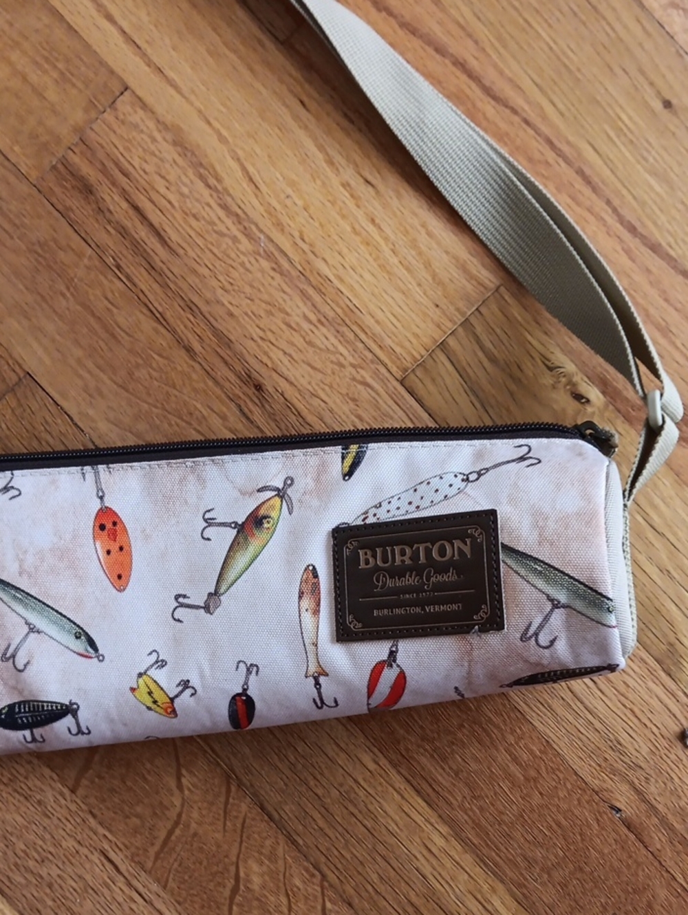 Burton White Fishing Lure Print Crossbody Bag. 26 Inches Long